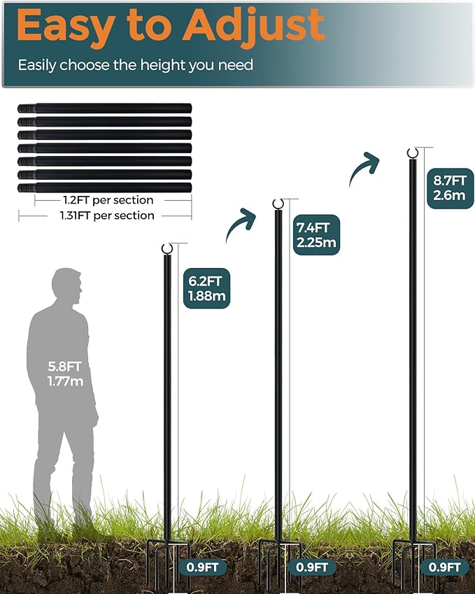 LAND·VOI Metal String Light Poles for Outside Hanging - Backyard, Garden, Patio, 4 Pack Lighting Stand with Adjustable Height for Outdoor Parties, Wedding, Extra-Long 5-Prong Claws, (9.6FT) FLP04B