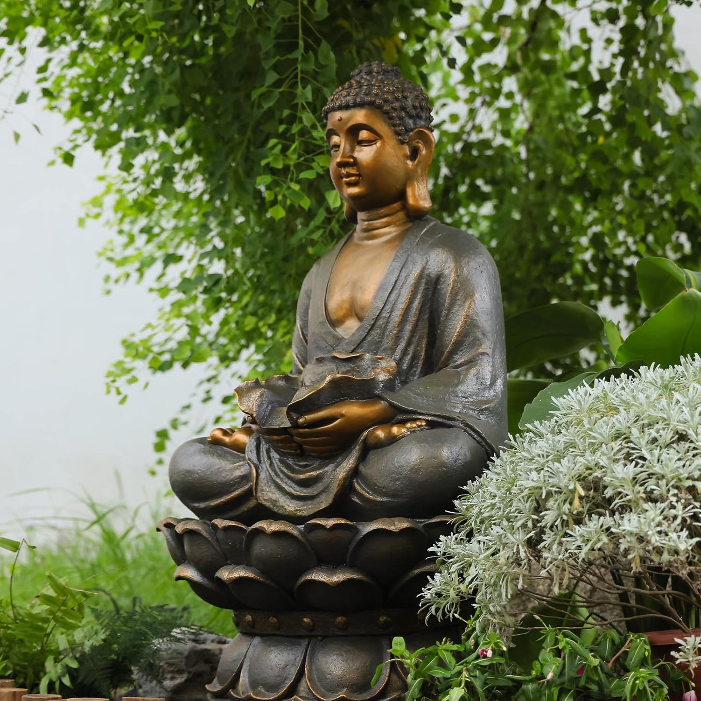 Buddha Water Fountain Outdoor Large Sitting Lotus Base Waterfall Fountains Zen Water Feature Indoor with LED Light for Garden Patio Backyard Deck Lawn Porch Balcony Home 45 inches Gold