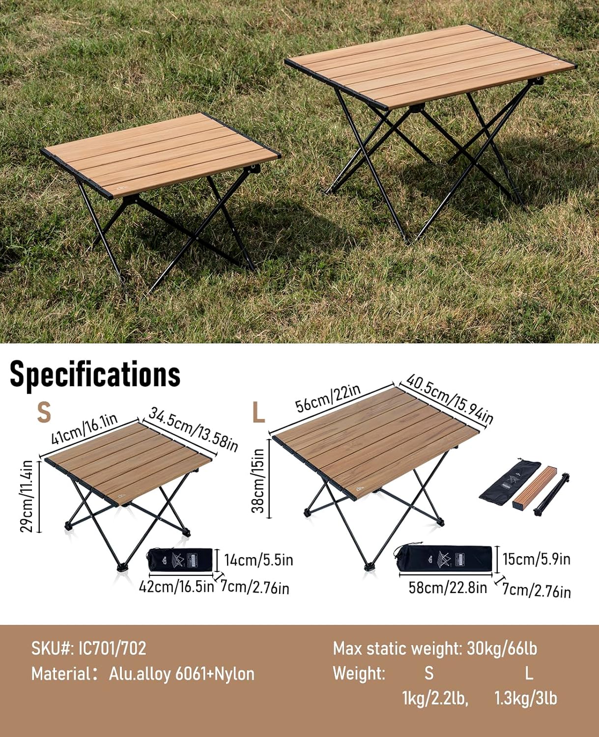 iClimb Ultralight Compact Camping Folding Table with Carry Bag (Nature- S)