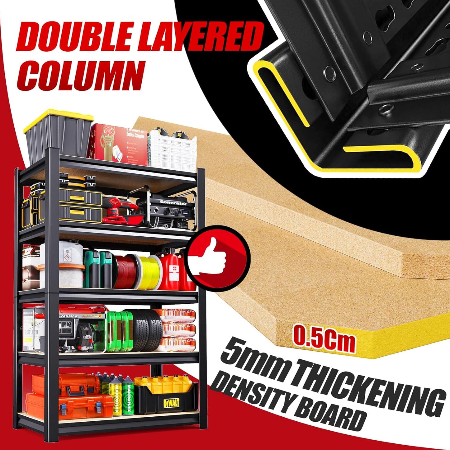 72''H*46''W Garage Shelving, 2500LBS Heavy Duty Shelvings, Adjustable Garag Storage Shelves, 5 Tier Metal Shelving Unit Wood Storage System Utility Storage Rack for Industrial, Warehouse, Basement