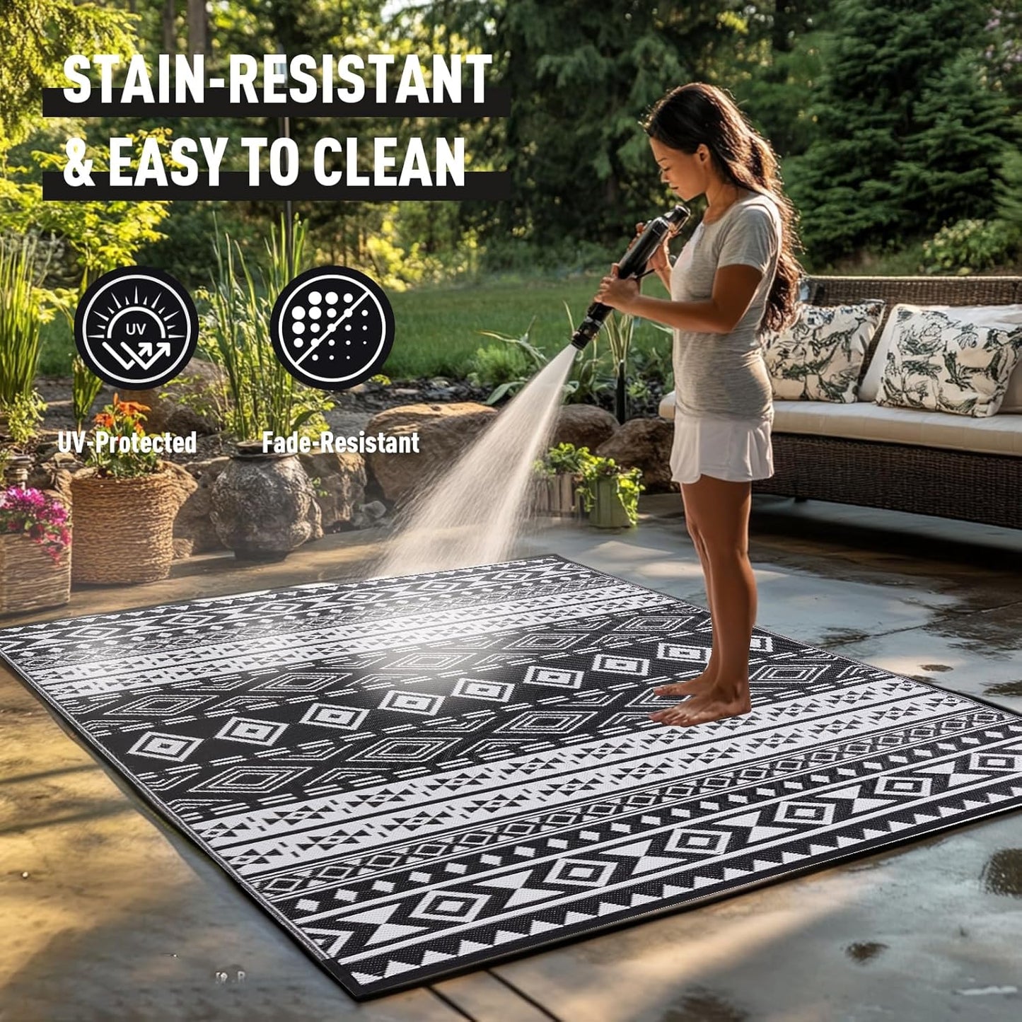 WILDROOTS 9x12 Feet Black and White Plastic Outdoor Rug, Stain Resistant Waterproof Reversible Outdoor Patio Rug, Fade Resistant Camping Rug