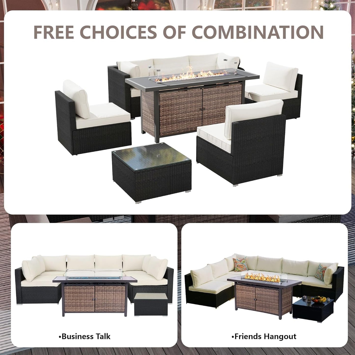 25-Pc Patio Furniture Set - 7 Piece Outdoor Rattan Sofa Set with 57" Fire Table and 17 Accessories, Modular Sofa Set for Garden/Poolside, Beige/Black