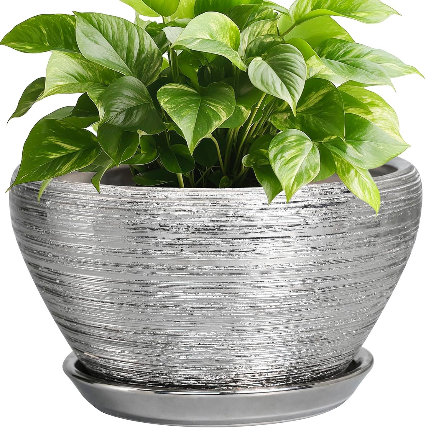 Pot for Plants 9 Inch - Ceramic Plant Pot Indoor with Drainage Hole and Saucer Round Planter for Indoor Plants Modern Decorative Flower Pot for Home Decor Silver