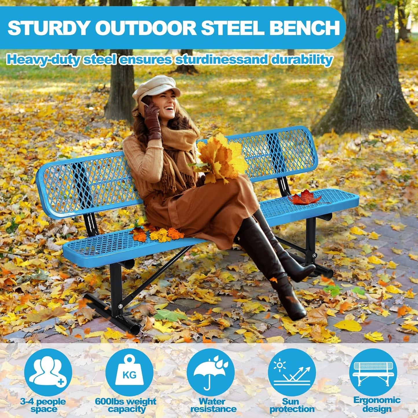 6Ft Outdoor Bench with Back Portable Frame, Outdoor Steel Park Bench with Backrest, Expanded Metal Mesh Bench for Outside, Lawn, Backyard, Park, Garden, Patio, Porch, Blue