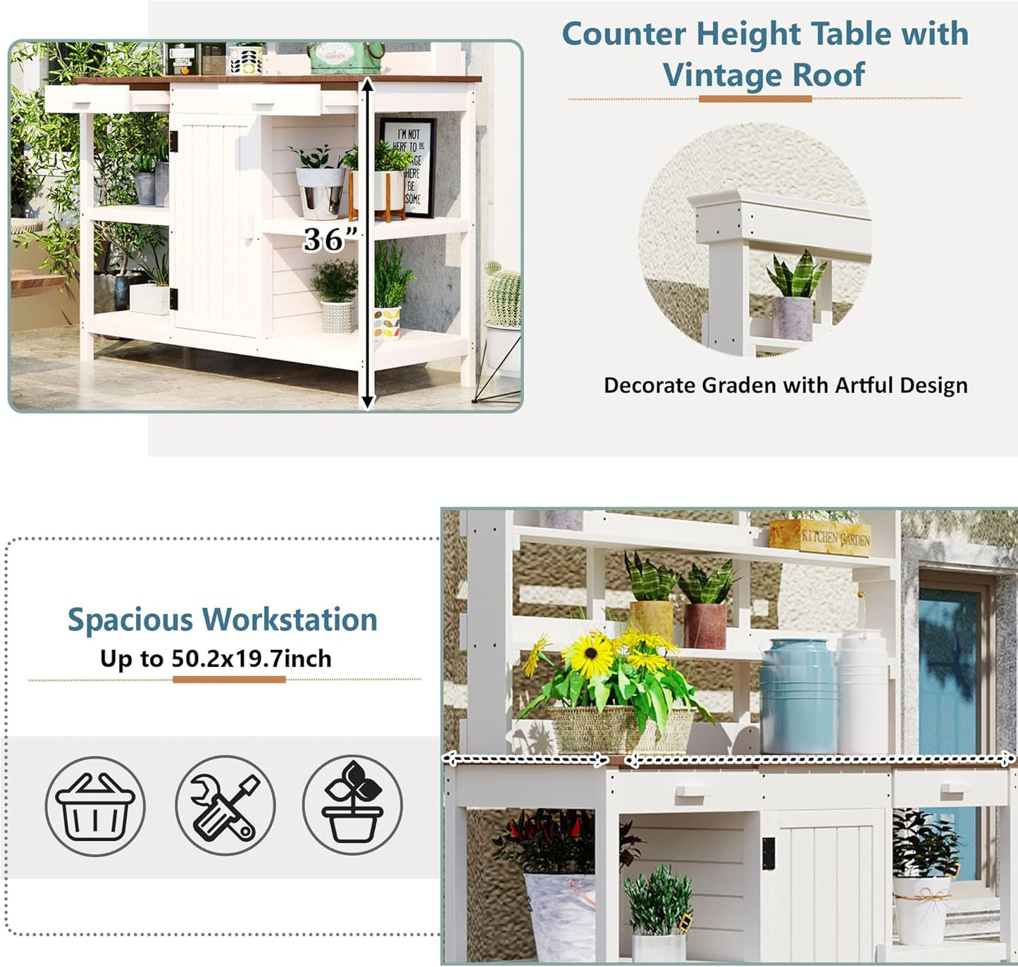 Merax 66" Large Outdoor Farmhouse Wooden Potting Bench Table, Garden Workstation with 2 Drawers, Cabinet, and Open Shelves for Backyard, Mudroom, White