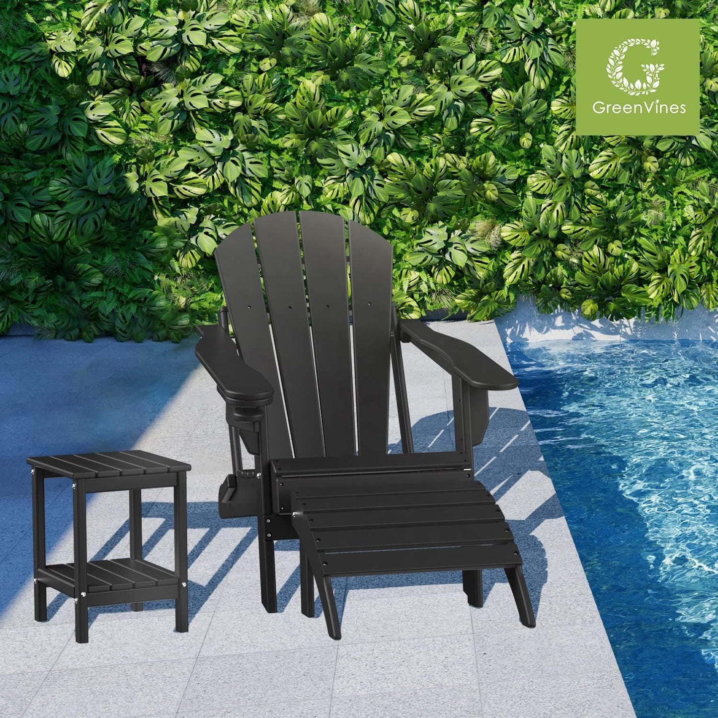 GREENVINES Folding-Adirondack-Chairs-Set-of-4 | HDPE Plastic | Fire Pit Chair | All Weather | Cup Holder | Black | for Deck Backyard Patio Outdoor Garden