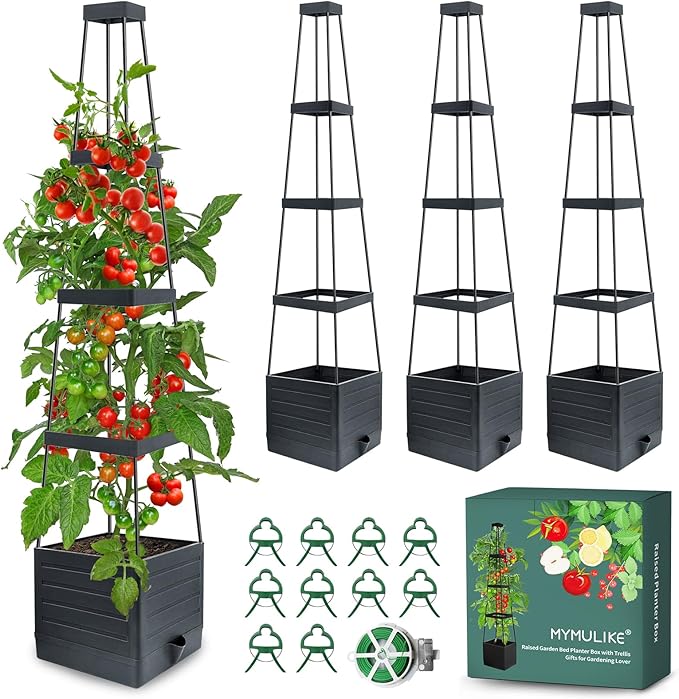 Raised Garden Bed Planter Box with Trellis, 58” Tomato Cage Planter Raised Garden Bed with Trellis for Climbing Vegetables Plants Tomato Cage w/Self-Watering, Indoor Outdoor Use (4)