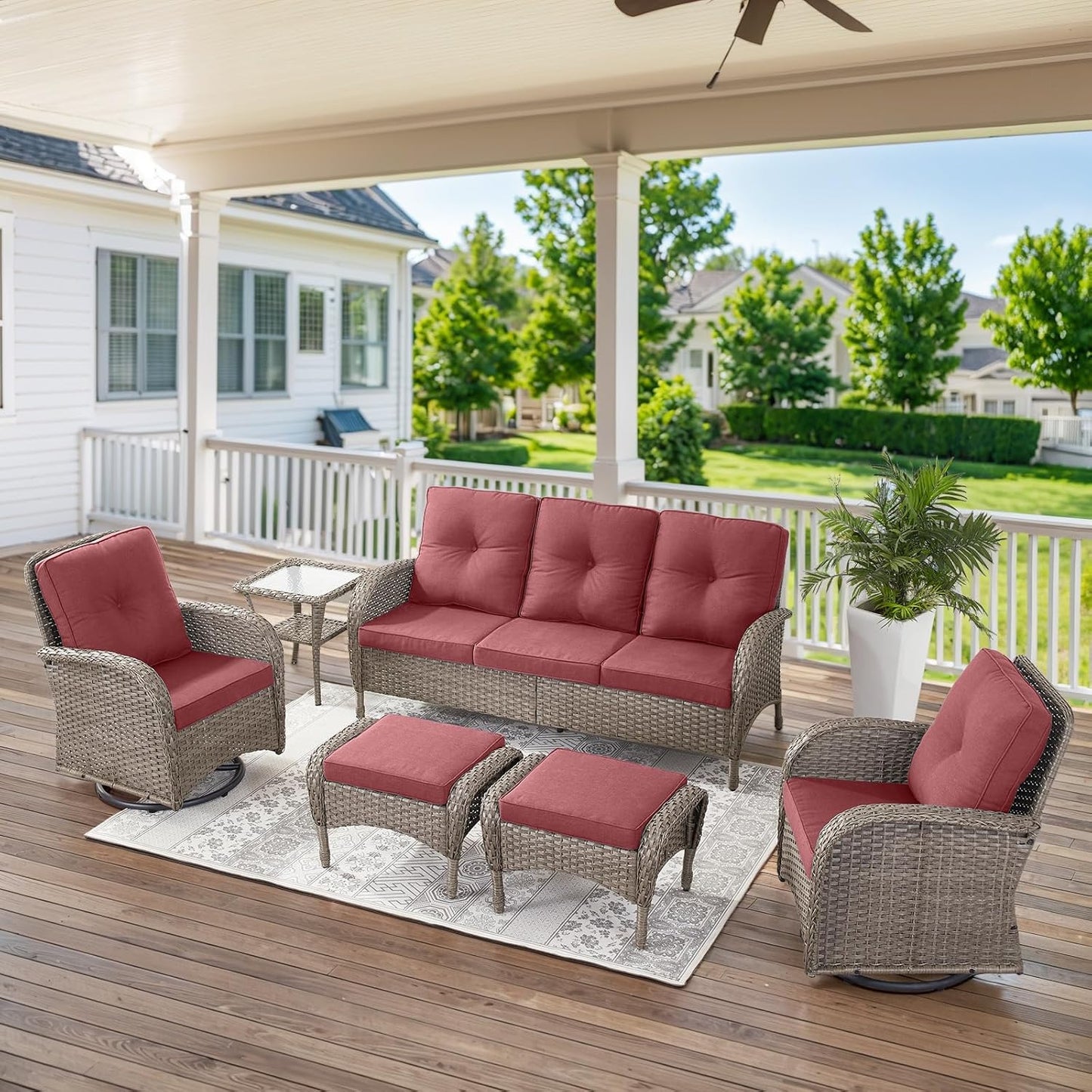 6 Pieces Wicker Patio Furniture Set - Swivel Rocker Outdoor Chairs with Outdoor Couch and Side Table, All-Weather Patio Conversation Set for Sunroom Backyard Deck