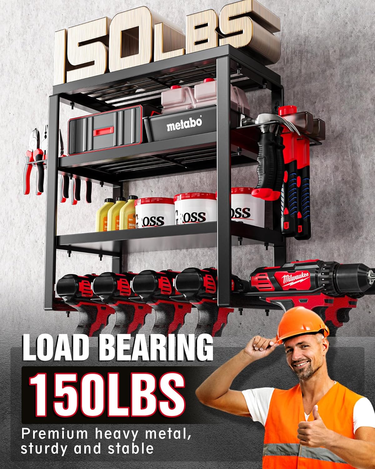 MAXIFFE 4 Layer Power Tool Organizer Wall Mount, Heavy Duty Metal Cordless Tool Organizers and Storage Rack Holder with 6 Drill Holders for Garage Storage Organization, Gifts for Men, Black, 16 inch