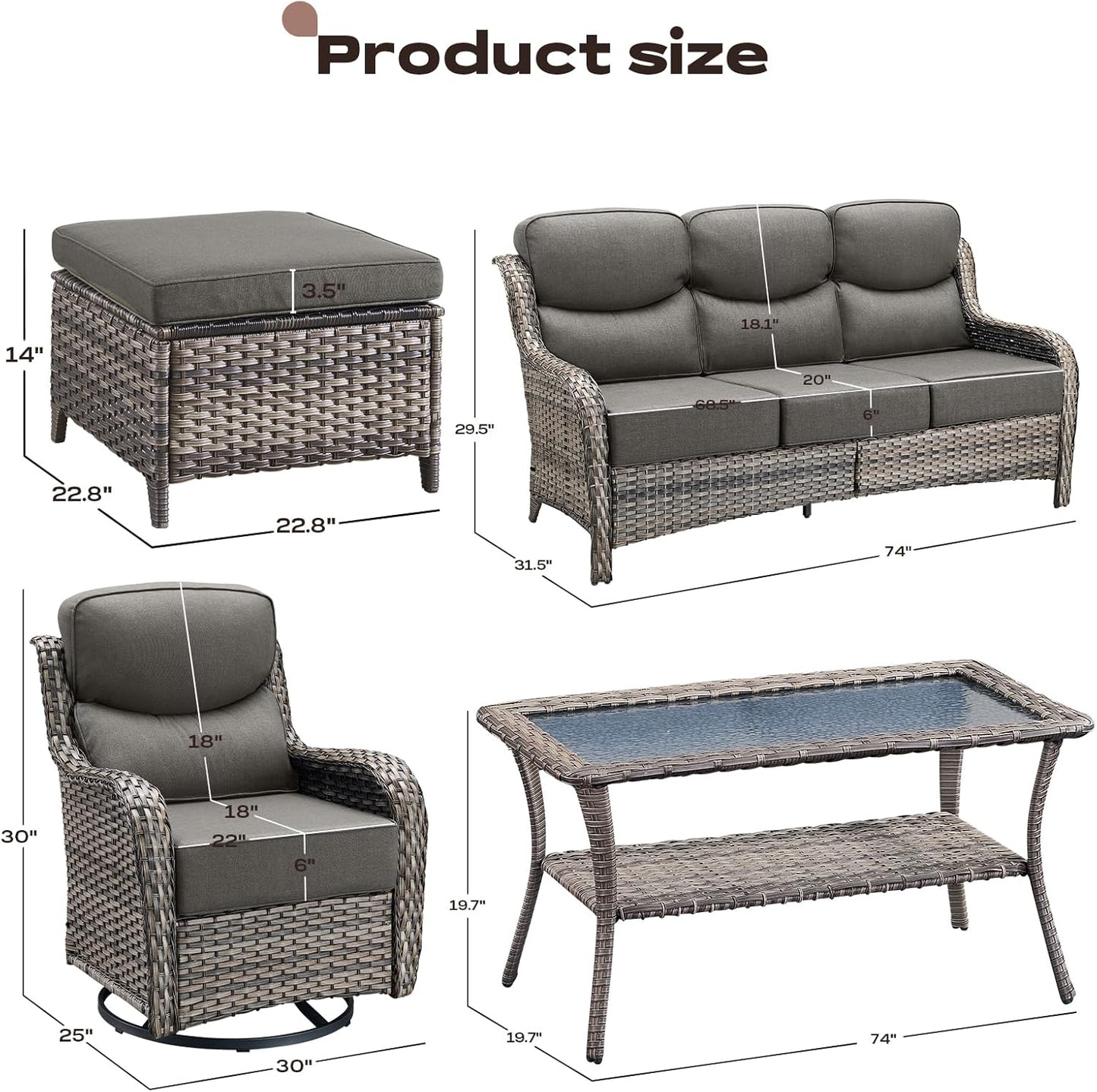 Wicker Outdoor Patio Furniture Set - 8 Piece Patio Conversation Sets with Swivel Rocker Chairs, Ottomans, Sofa and Table, 6 inch Cushions, Deep Seating, for Porch Deck Mixed Grey/Grey