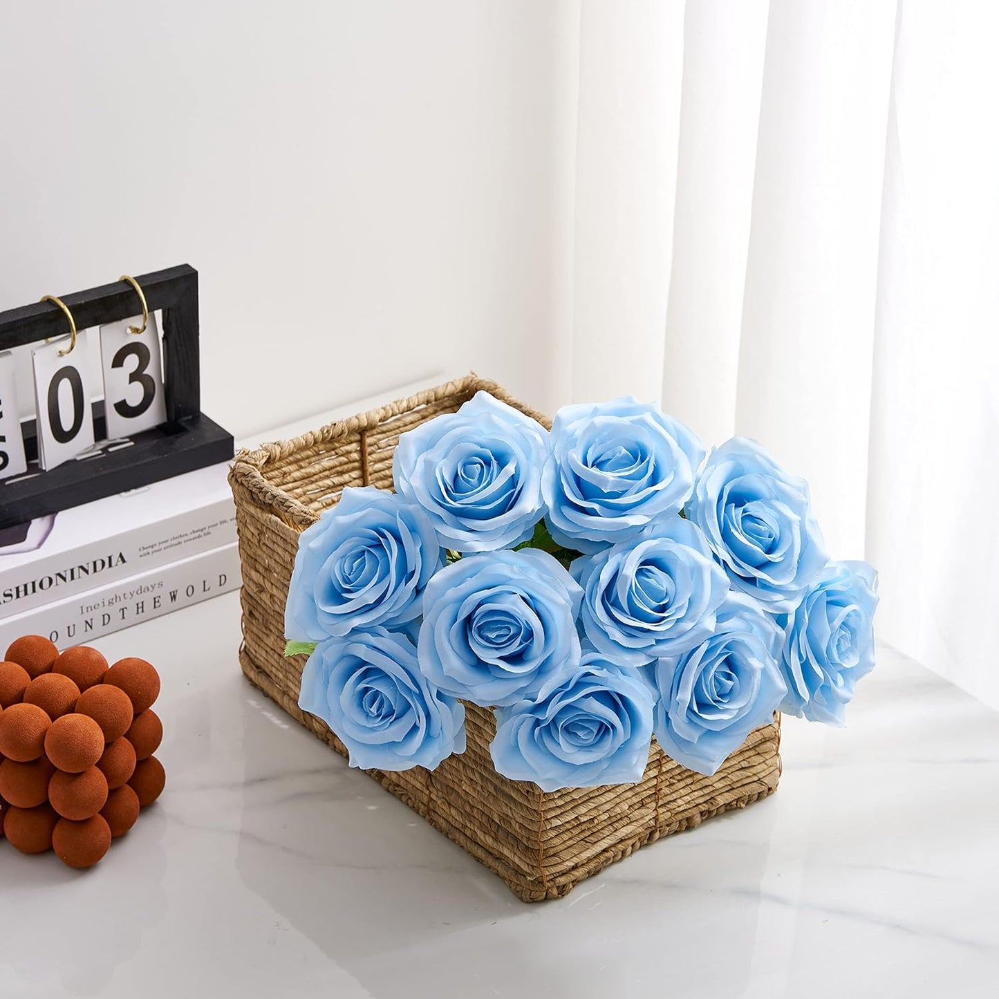 Artificial Rose 10pcs Open Flower Bouquet Faux Rose Stems for Wedding Arrangement, Bridal Bouquet, Centerpiece, Fake Faux Silk Flowers (Blue)