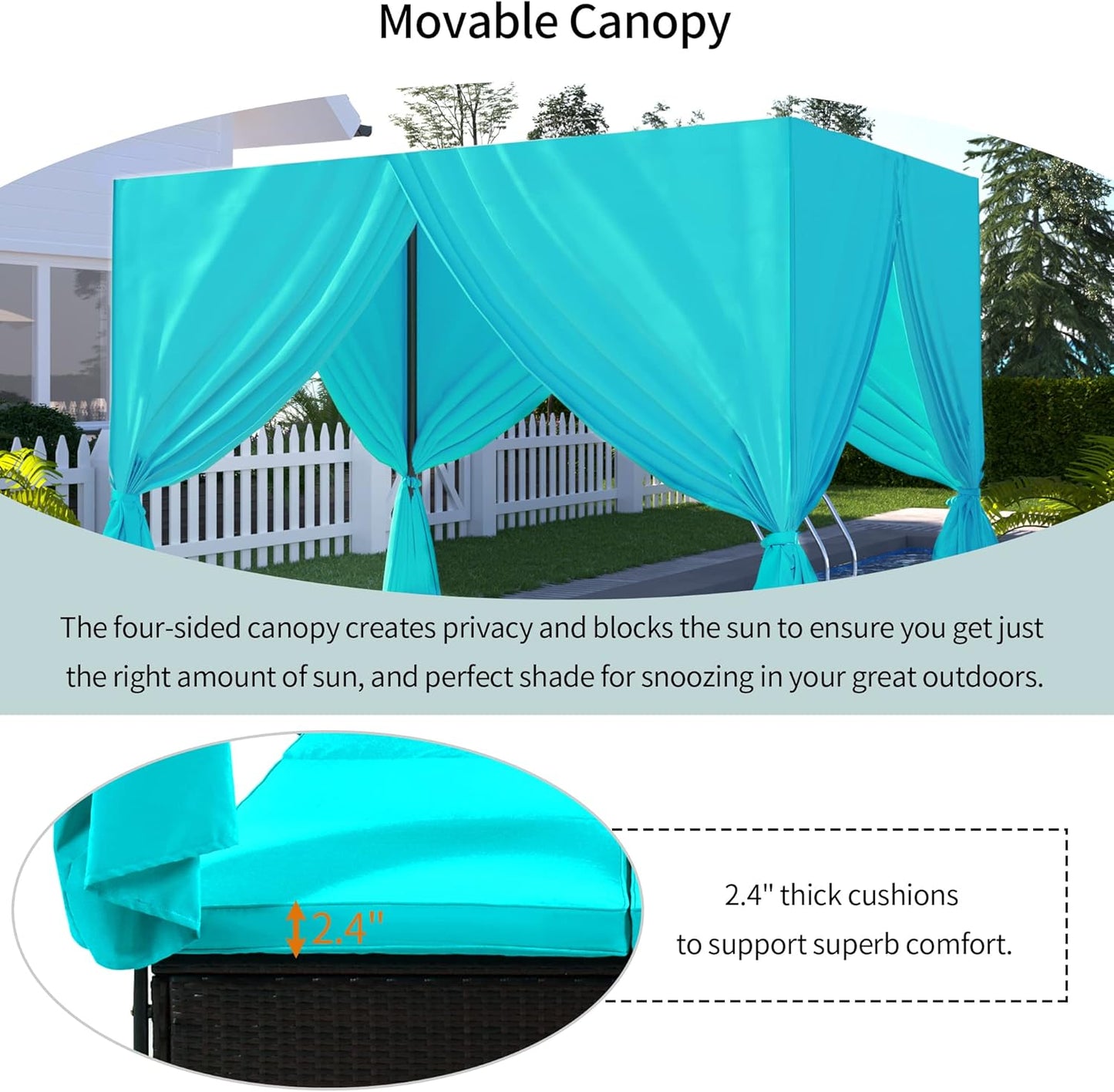 Patio Chaise Lounge, PE Rattan Outdoor Patio Wicker Sunbed Daybed with Adjustable Seats, Four-sided Canopy, Overhead Curtain and Blue Cushions for Backyard, Garden, Poolside (for 2-6 people)