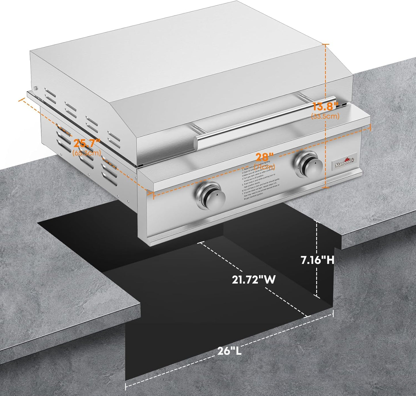 Stanbroil 28-Inch Premium Built-In Natural Gas Griddle for Outdoor Kitchen Grill, Durable Stainless Steel 2-Burner Flat Top Grill with Lid for BBQ Island, 34,000 BTUs