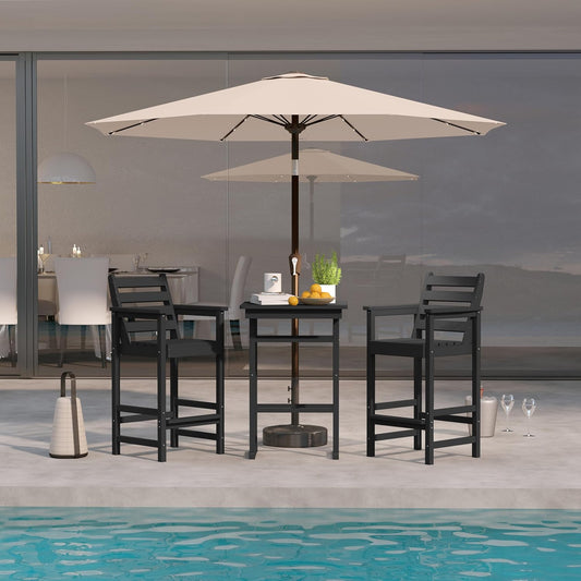 3-Piece Outdoor Bar Set with Beige 9FT Patio Umbrella, HDPE Tall Balcony Adirondack Chairs and Table, All-Weather Outdoor Bar Stools for Patio (Black)