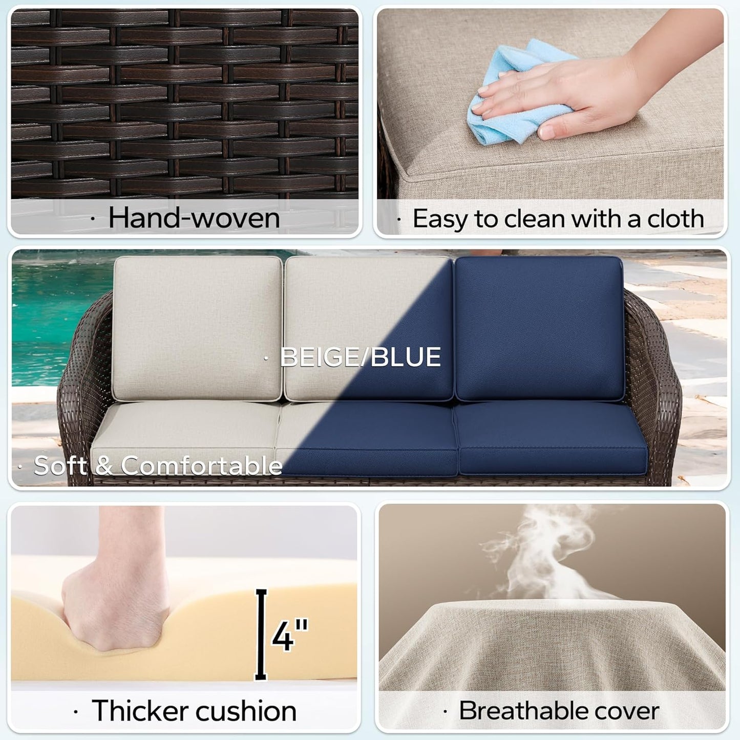 4 Pieces Patio Outdoor Conversation Furniture Set, 78" 3-Seat Couch, 2 Chairs, 47" Metal Coffee Table, Rattan Wicker Sofa with Washable Cushions for Garden, Deck (Beige)