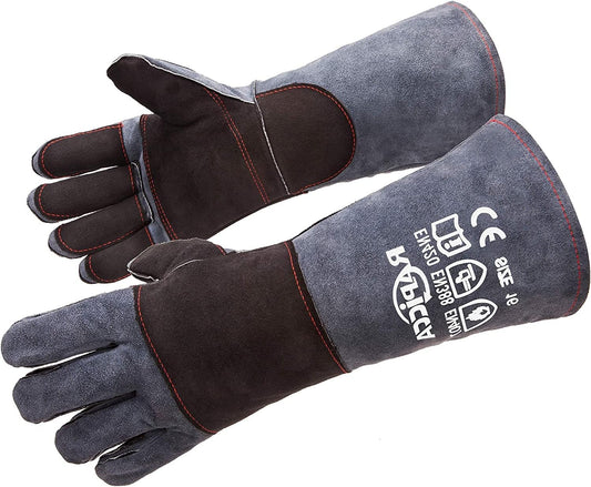 Fireplace Gloves Fire Heat Resistant: Dark-Grey 16IN 932℉ - Fireproof Leather for Fireplace Fire Pit Wood Stove Campfire Furnace BBQ Grill Oven Stick Mig Welding Welder Gear - Birthday Gift XL