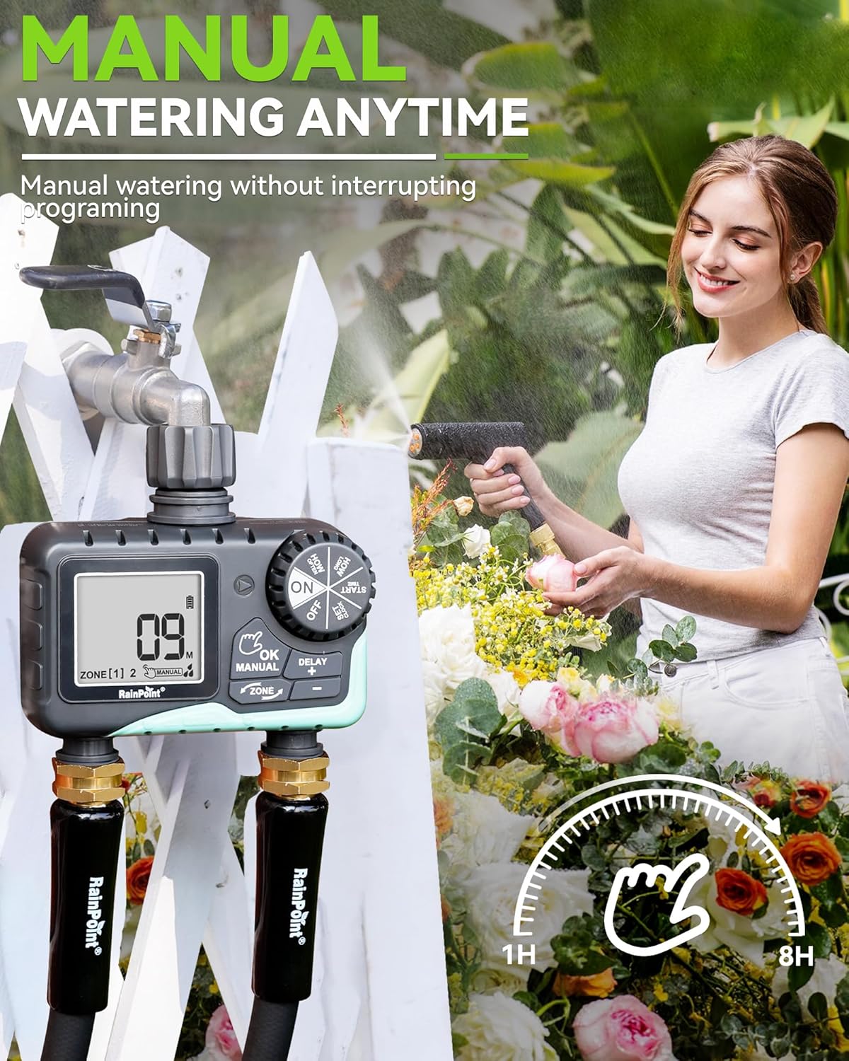 RAINPOINT Water Timer for Garden Hose - 2 Zone Sprinkler Timer with Rain Delay/Manual Watering/Automatic Irrigation for Yard Lawn