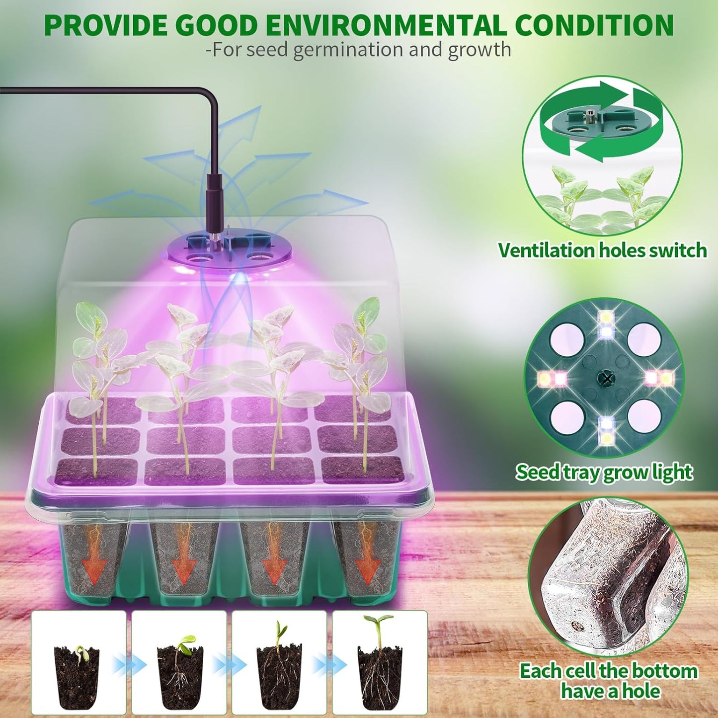 Seed Starter Tray with Plant Light, 4 Pack Grow Lights for Seed Starting Kit with Humidity Domes, Timing Controller Adjustable Brightness for Greenhouse Propagator Station Planting Growing