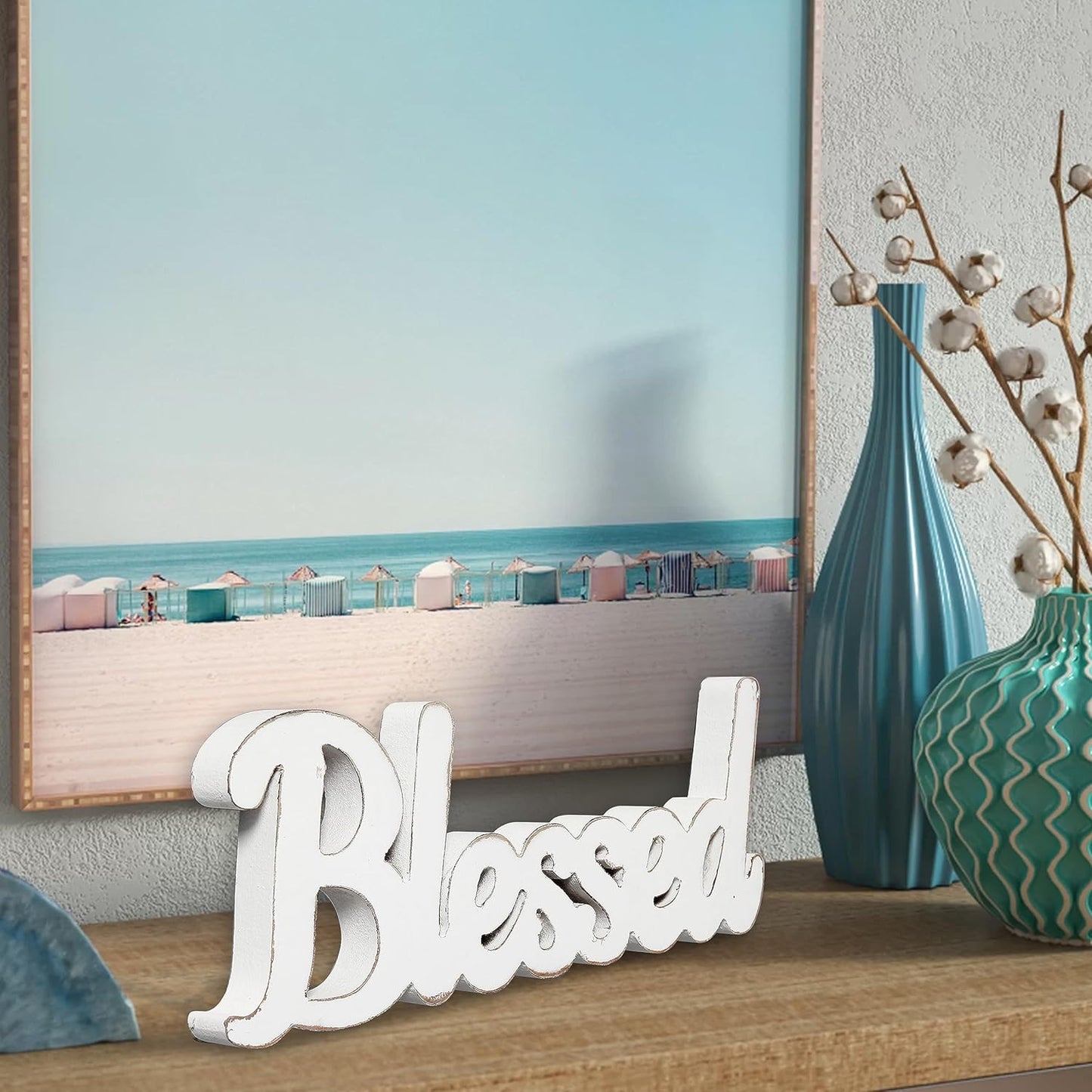 Rustic White Wooden Blessed Sign for Tabletop 15 Inch, Wall Hanging Farmhouse Blessed Signs for Home Decor, Handmade Thanksgiving Signs Decor, Christmas Signs for Living Room Entryway