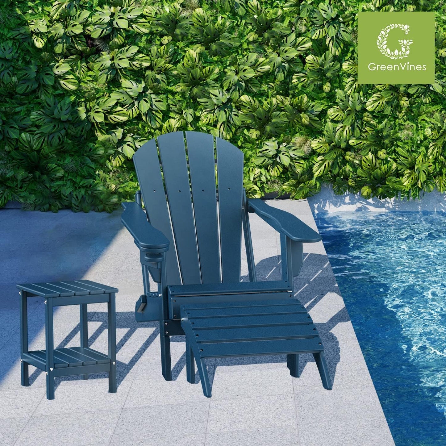 GREENVINES Folding-Adirondack-Chairs-Set-of-4 | HDPE Plastic | Fire Pit Chair | All Weather | Cup Holder | Blue | for Deck Backyard Patio Outdoor Garden