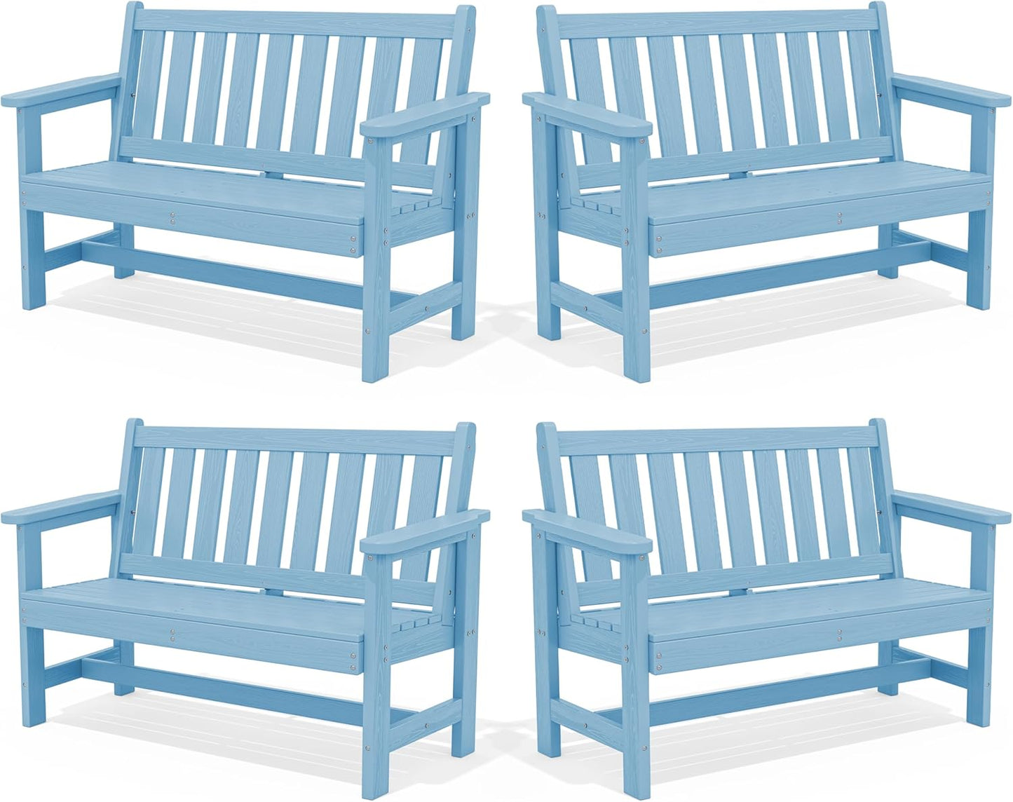 SERWALL Outdoor Bench, HDPE Outdoor Benches Weatherproof, 2-Person Garden Bench with 660 lbs Weight Capacity, Patio Benches for Outdoors, Garden, Porch, Backyard and Park, Light Blue, 4 Pack