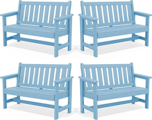 SERWALL Outdoor Bench, HDPE Outdoor Benches Weatherproof, 2-Person Garden Bench with 660 lbs Weight Capacity, Patio Benches for Outdoors, Garden, Porch, Backyard and Park, Light Blue, 4 Pack