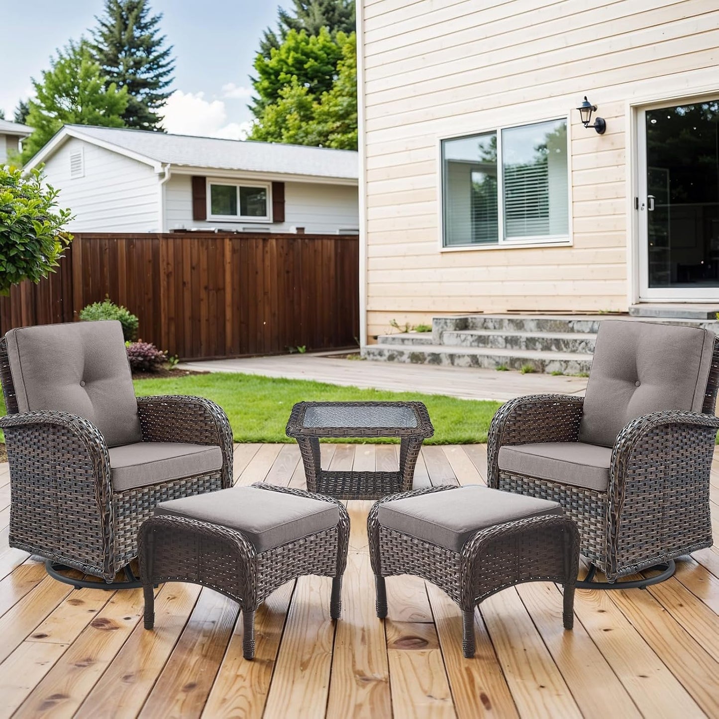 HUMMUH 5 Pieces Wicker Patio Furniture Set,Outdoor Swivel Gliders Rocker,Patio Ottomans,Glass Top Side Table,Outdoor Conversation Set for Porch Deck Backyard Poolside