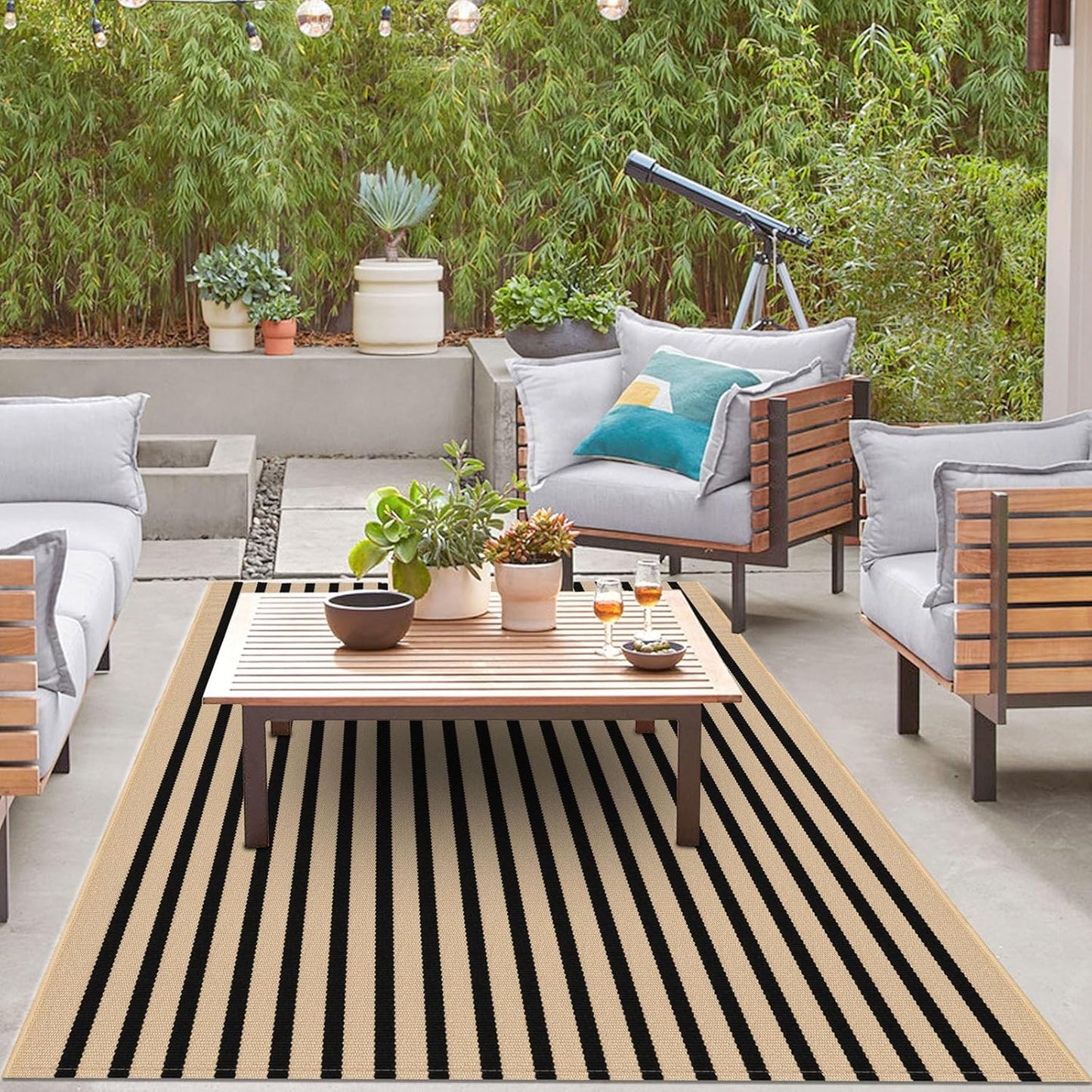 IOHOUZE Striped Area Rug 5'x7' Indoor Outdoor Rug, Washable Area Rug for Living Room, Large Patio Rug, Cotton Striped Rugs for Patio Living Room Bedroom,Tan/Black