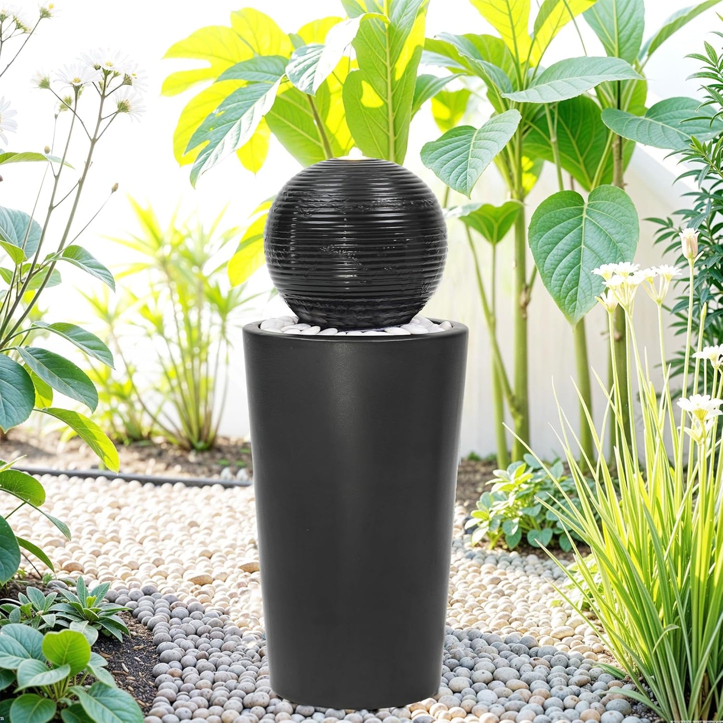 30" H Ceramic Sphere Water Fountain with LED Light, Modern Minimalist Design, Black Glaze with White Pebbles, Soothing Trickling Water Feature, Adding Artistic Charm & Tranquil Ambiance