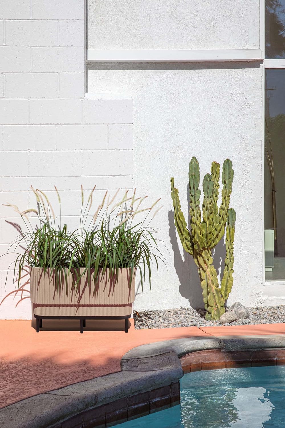 Veradek Demi Series Raised Long Planter for Indoor/Outdoor Use | Made from Plastic & Stone w/Wooden Stand | Modern Patio Décor for Flowers/Shrubs