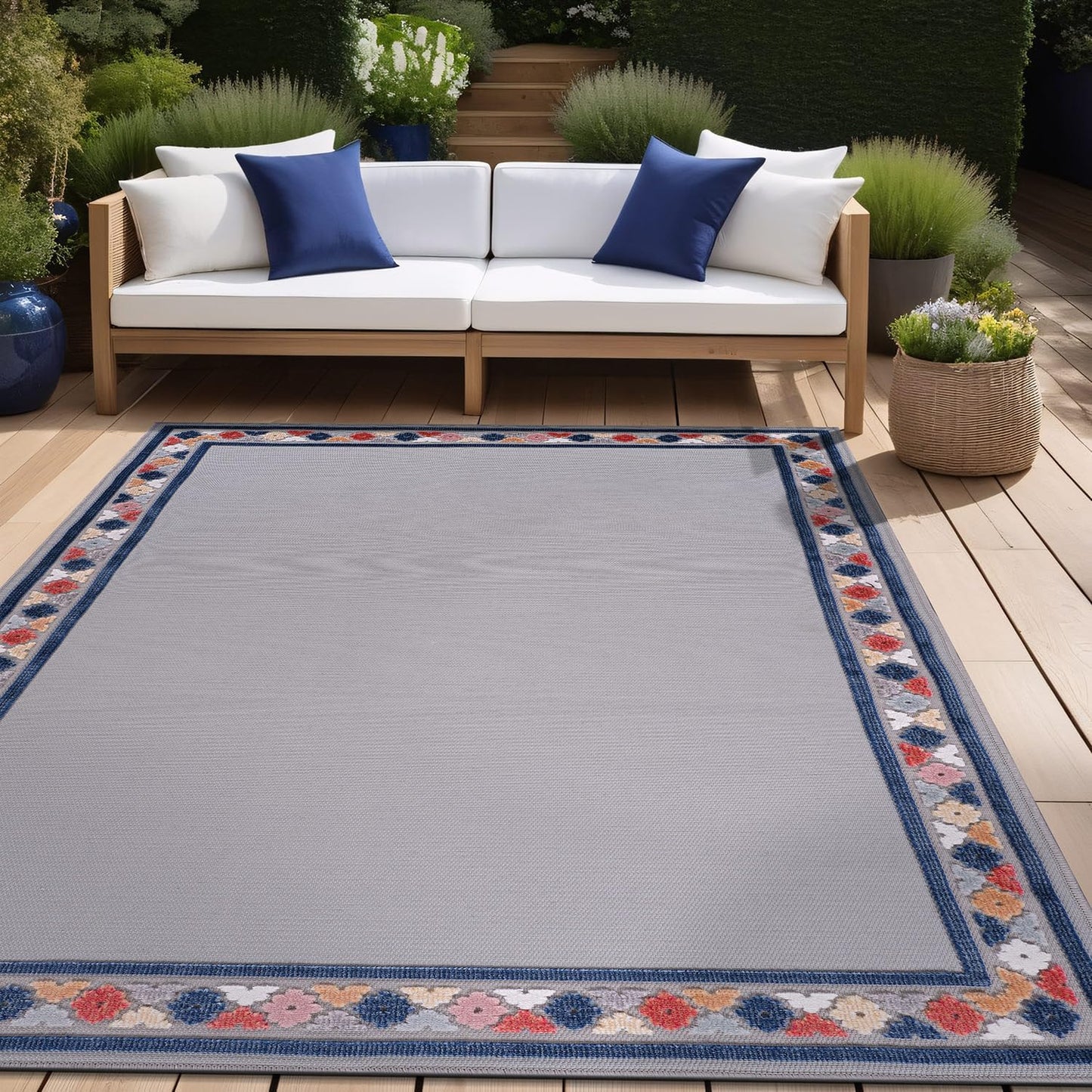Beverly Rug Outdoor Rug 10x14 Modern Bordered Large Area Rugs for Indoor and Outdoor Patio Easy to Clean Non Shedding Living Room Porch Garden Washable Outside Carpet (10 x 14 Gray)