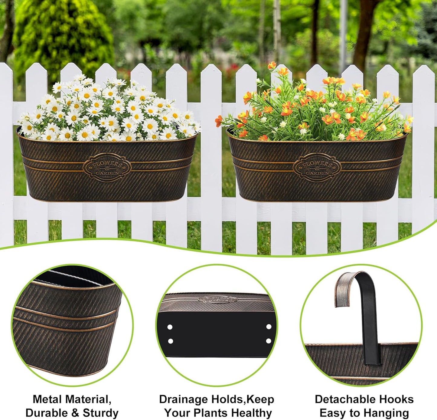 3 Pcs Large Balcony Planters Railing Hanging Flower Pots- 16.2 Inch Metal Railing Planter Box Fence Planters for Outdoor Plants with Detachable Hooks and Drain Holes for Garden Decor (Retro-3pcs)