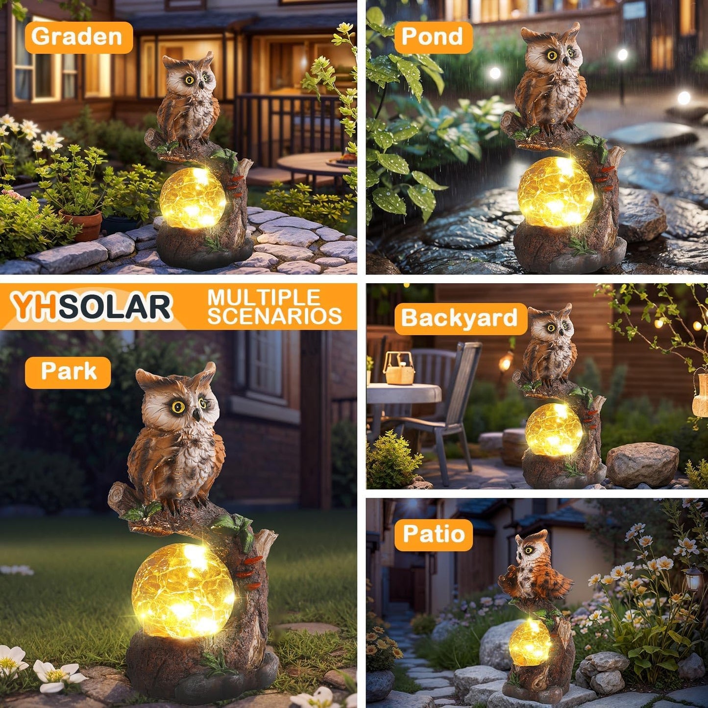 Solar Garden Outdoor Statues, Owl Garden Statue with Solar Glass Ball Light Lantern Outdoor Decor, for Lawn,Yard, Unique Housewarming Gift for Women Mother Mom