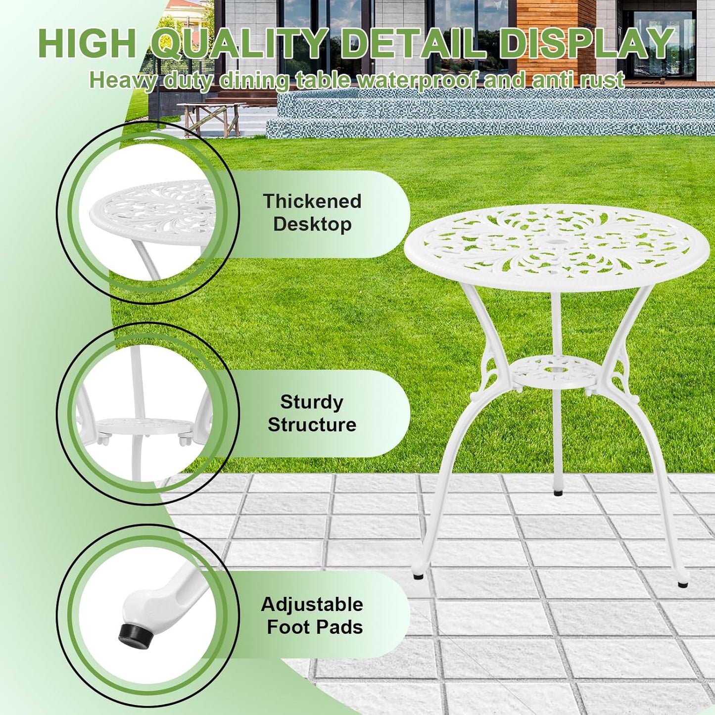 Outdoor 3 Piece Patio Set,Cast Aluminum Bistro Table and Chairs Set of 2 with Umbrella Hole, AIl-Weather Resistance Patio Bistro Set for Yard, Garden, Balcony, Black(White)