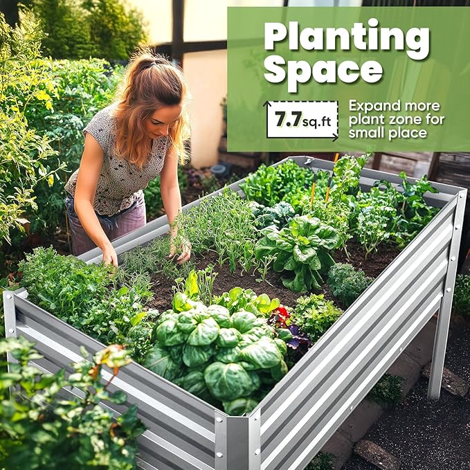 KING BIRD Large Raised Garden Bed with Legs Galvanized Elevated Planter Box 48×24×30 in for Backyard, Patio, Balcony, 400lb Capacity, Silver