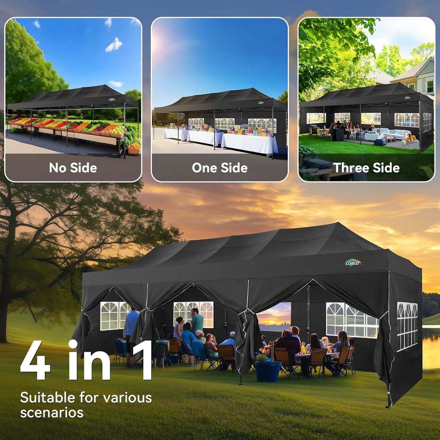 COBIZI 10x30 Pop up Canopy Heavy Duty with 8 Sidewalls, Easy Set-up Commercial Outdoor Party, 100% Waterproof Wedding Canopy Gazebo, 3 Height Adjustable with Wheeled Bag, Black