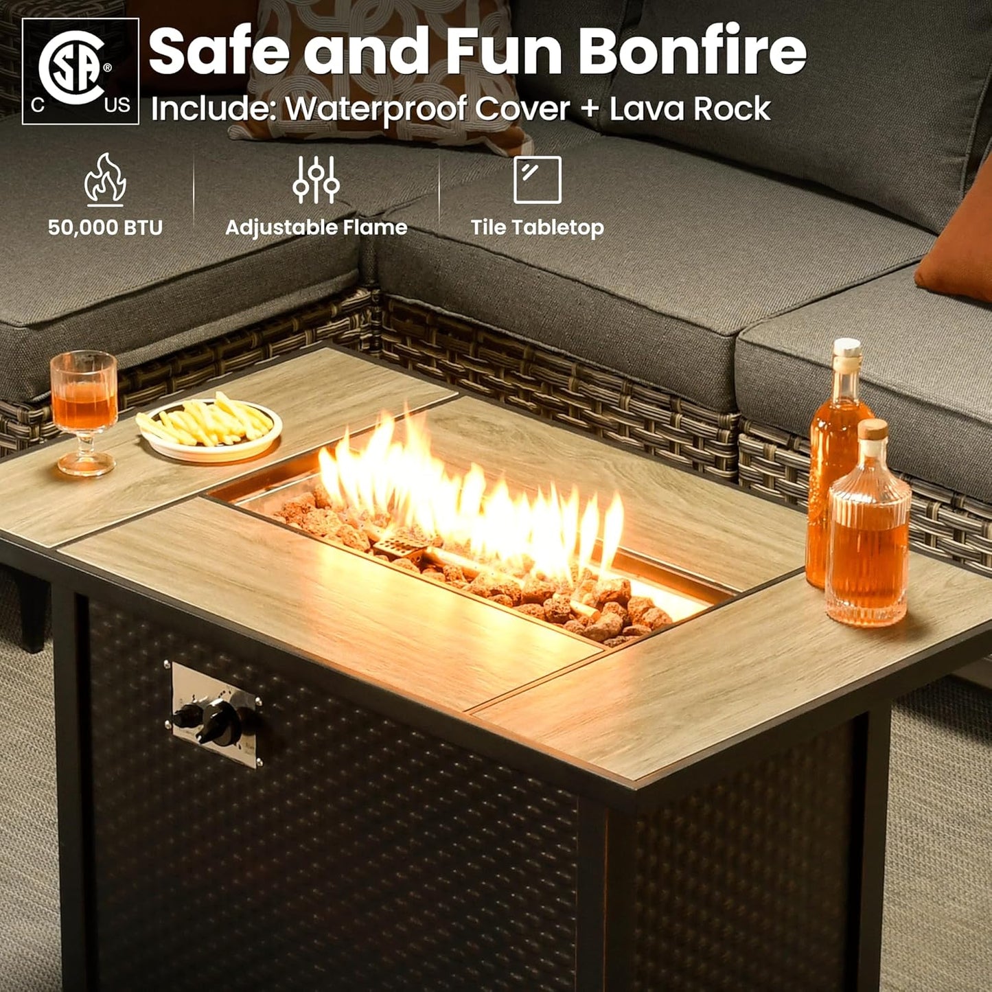 ovios 9 Pieces Patio Furniture Set Outdoor Sectional Sofa Couch with Fire Pit Table Rocking Swivel Chairs Deep Seat Chaise, Modern Modular Wicker Rattan Conversation Set, Dark Grey