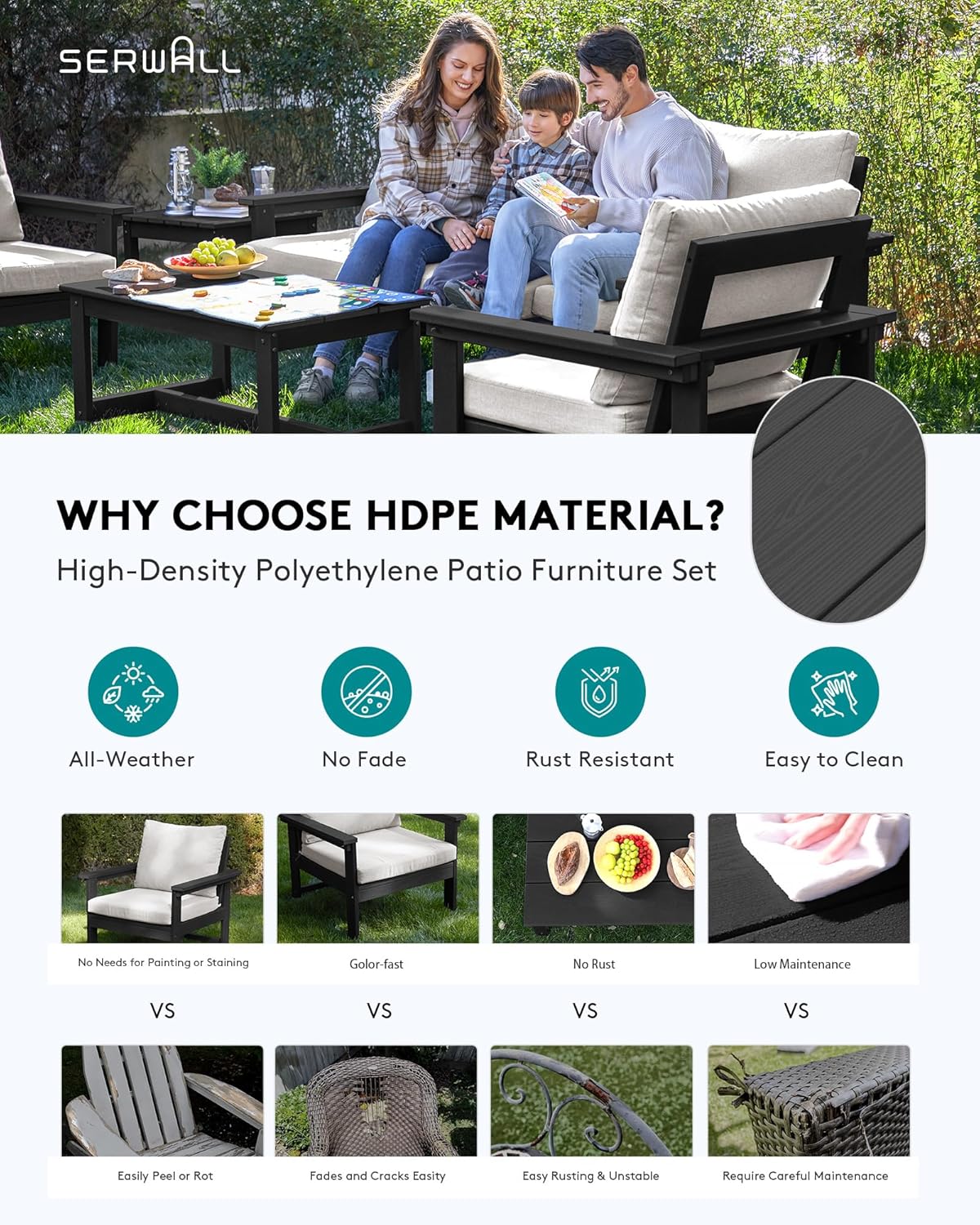 SERWALL HDPE Patio Furniture Set, 7-Piece Outdoor Sectional Sofa Set, All Weather Outdoor Couch Set for Deck, Lawn, Black Frame with Khaki Cushion