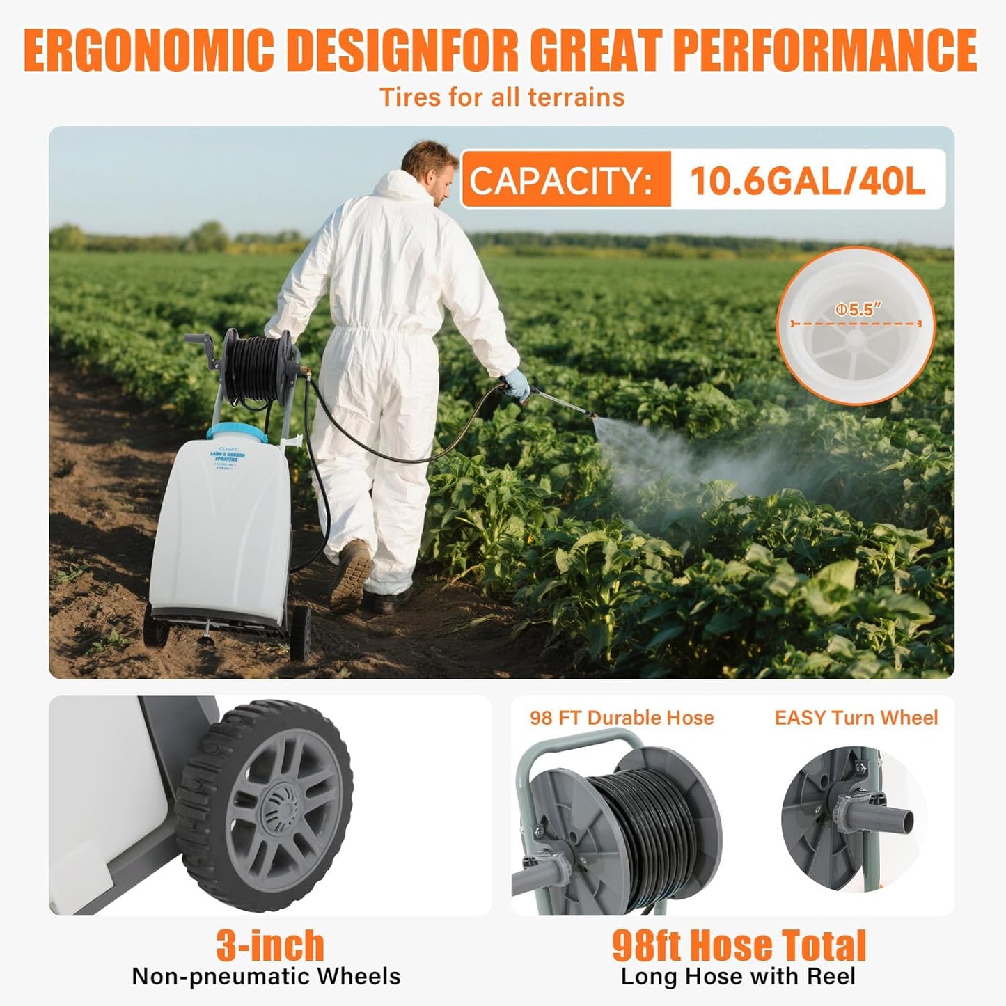 10.6 Gallon Battery Powered Sprayer with Wheeled Cart, 0-90PSI, 12V 8Ah Battery 5-6h Spray Time,98FT Hose with Reel，Adjustable HD Wand and 10 Nozzles for Weeding, Spraying, Cleaning