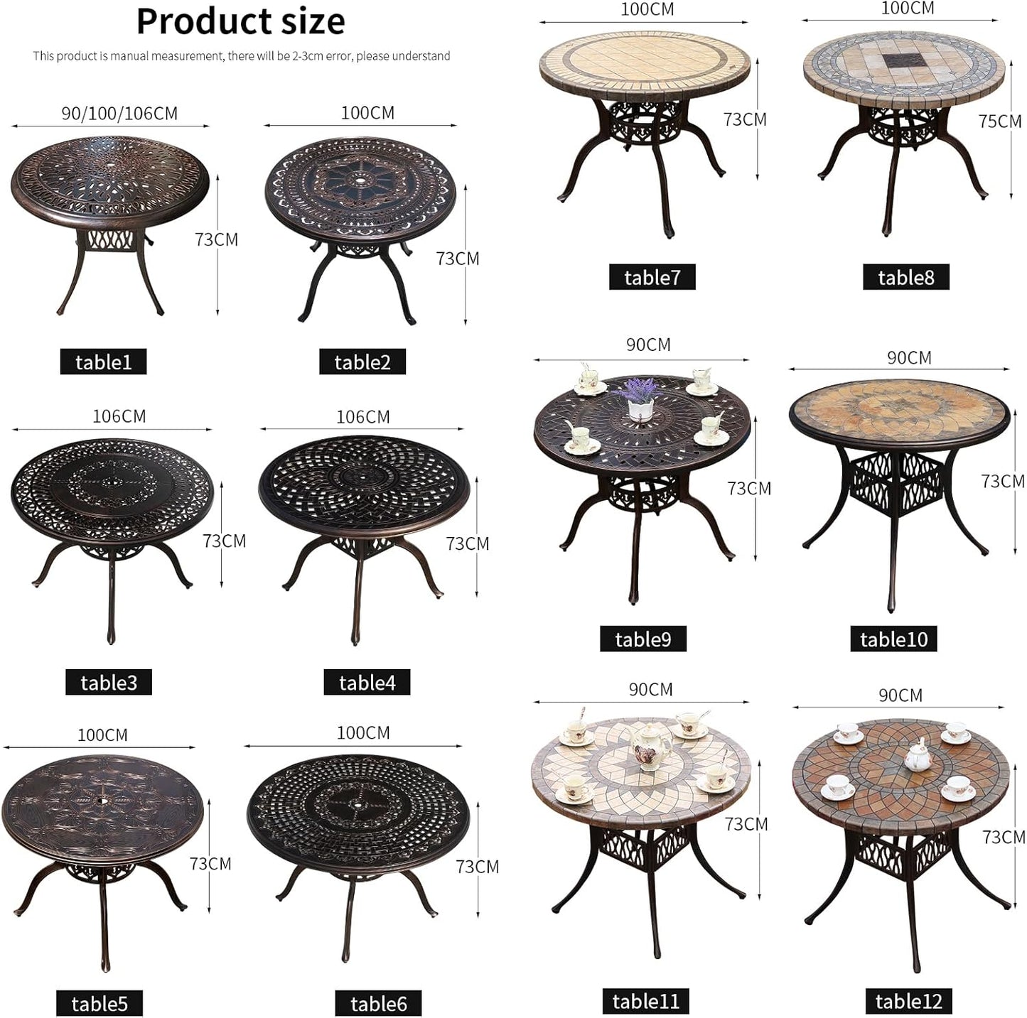 Outdoor Table Cast Aluminum Round Patio Table with Umbrella Hole All Weather Outdoor Dining Table for Lawn Garden Backyard (100cm YLSB Round Tables)