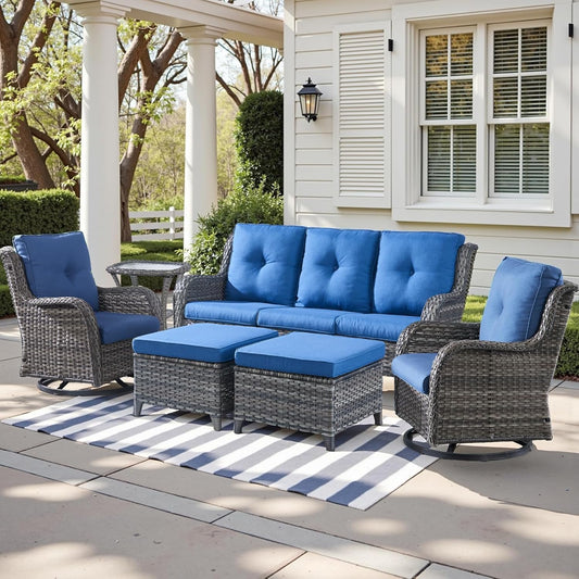 Outdoor Wicker Patio Furniture Set - 6 Piece Rattan Patio Conversation Set with 2 Rocking Swivel Chairs,2 Ottomans,1 Sofa and 1 Side Table for Porch Deck Backyard Garden(Mixed Grey/Blue)
