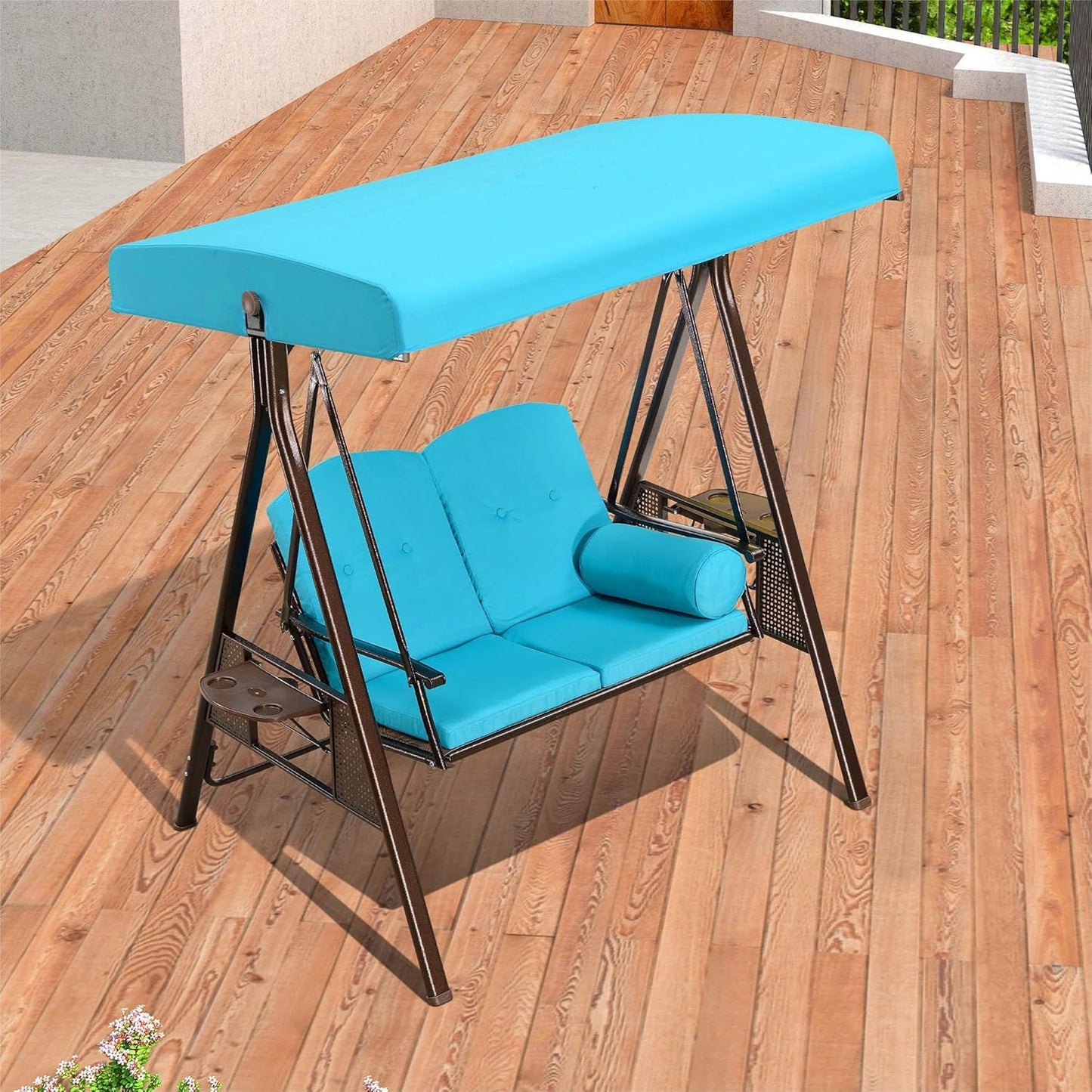 PURPLE LEAF 2-Seat Deluxe Outdoor Patio Porch Swing with Weather Resistant Steel Frame, Adjustable Tilt Canopy, Cushions and Pillow Included, Turquoise Blue