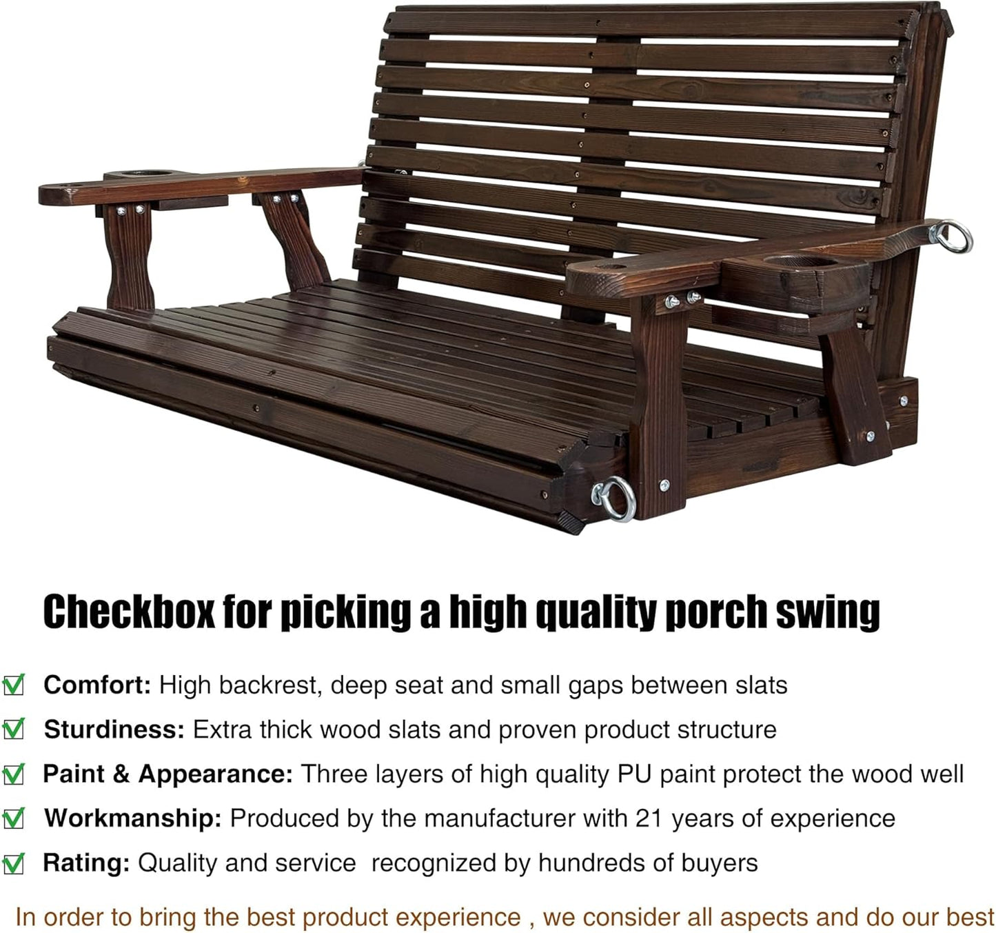 Wooden Porch Swing 2-Seater, High Backrest and Deep Seat, Bench Swing with Cupholders, Hanging Chains and 7mm Springs, Heavy Duty 880 LBS, for Outdoor Patio Garden (Deep Brown, 4.5 feet Extra-Large)