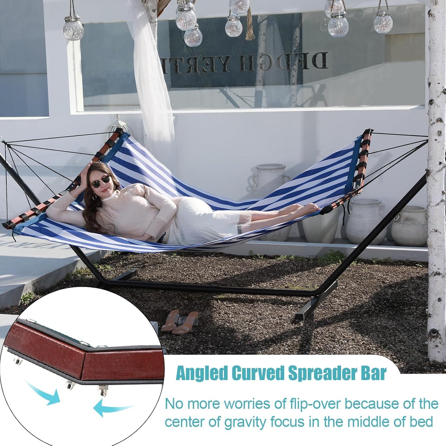 TegerDeger 12FT 2 Person Hammock with Stand Included 55 x 79IN Large Hammock Quick Dry 450LB Capacity with V Shaped Hardwood Spreader Bar & Nylon Rope for Outside, Patio, Garden - Tender Blue Stripes