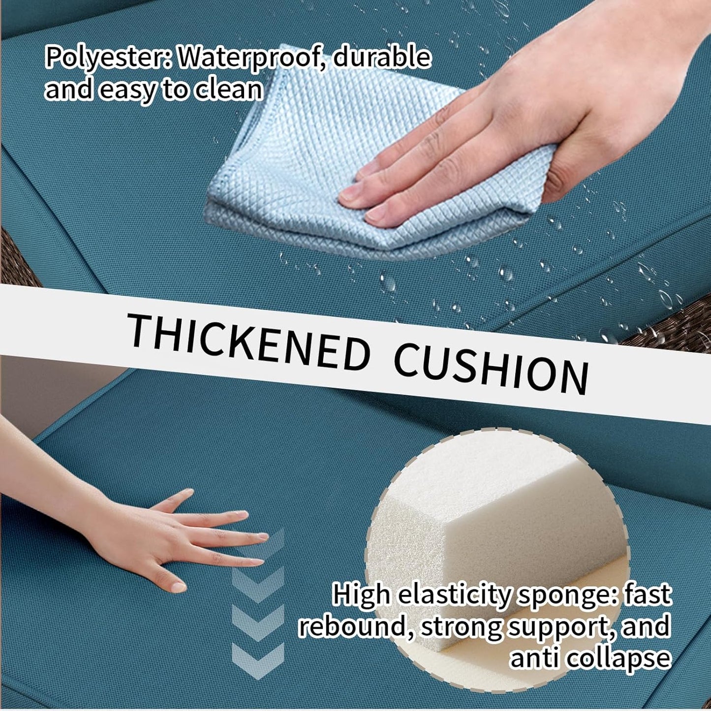 7 Piece Patio Furniture Set, Rattan Outdoor Patio Conversation Sets, Outdoor Sectional Furniture with Waterproof Cushion and Coffee Table, for Deck, Backyard, Garden, Peacock Blue