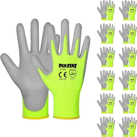 DULFINE Safety Work Gloves for Men PU Coated 12 Pairs Bulk Pack,Hi-Vis Yellow Seamless Knit Glove with thin Polyurethane Coated Smooth Grip on Palm & Fingers,Ideal for General Duty Work (Extra Large)