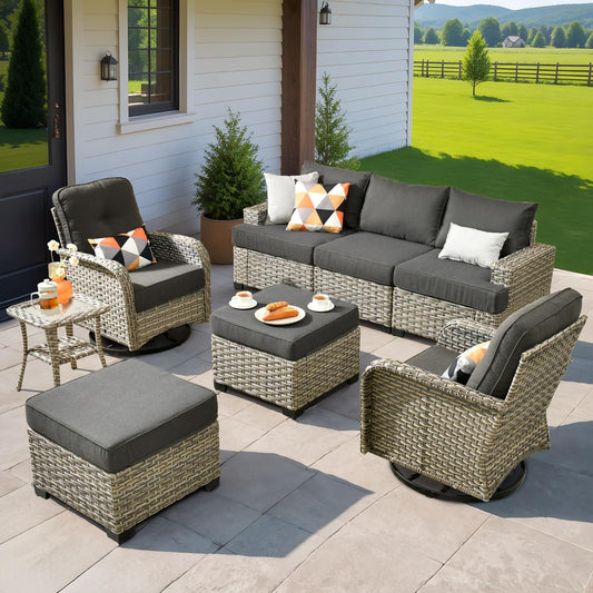 HOOOWOOO Outdoor Sectional Patio Furniture Set,8 Pieces Wicker Conversation Sets,Extra Deep Out Door Sofa Outside Furniture Couch with Swivel Chairs Ottoman,Black