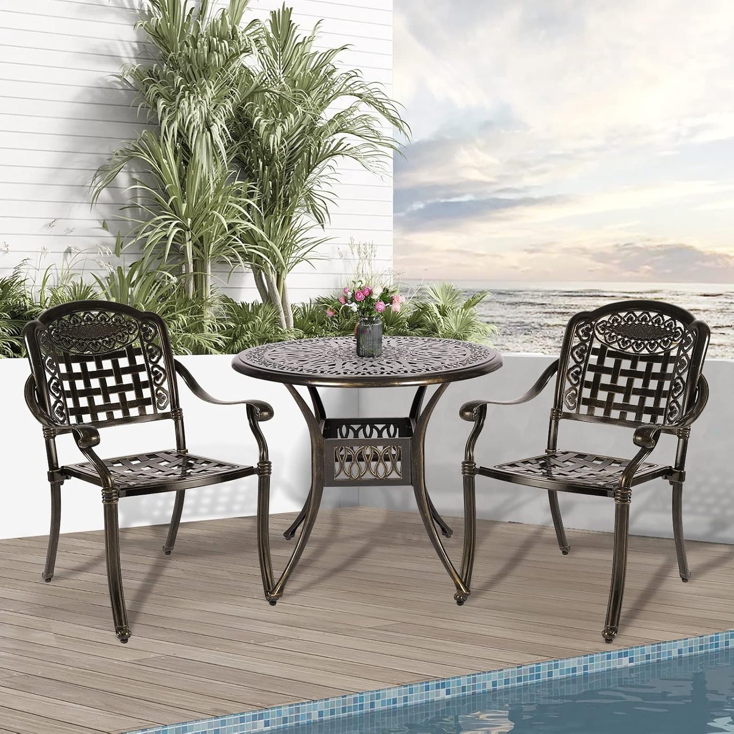 3-Piece Outdoor Patio Dining Set, All-Weather Cast Aluminum Patio Furniture Set for Backyard Garden Deck with 2 Chairs and 35.4” Round Table, 2" Umbrella Hole