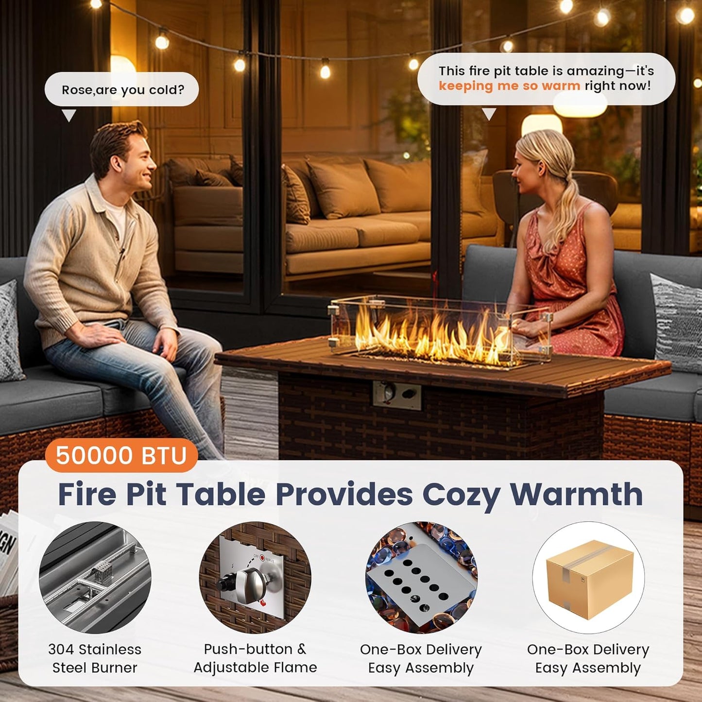 UDPATIO Patio Furniture Set with Fire Pit Table, 8 Inch Armrest Outdoor Sectional Sofa, Wicker Outdoor Furniture Conversation Sets with Waterproof Cover for Backyard Deck(Brown/Dark Grey)