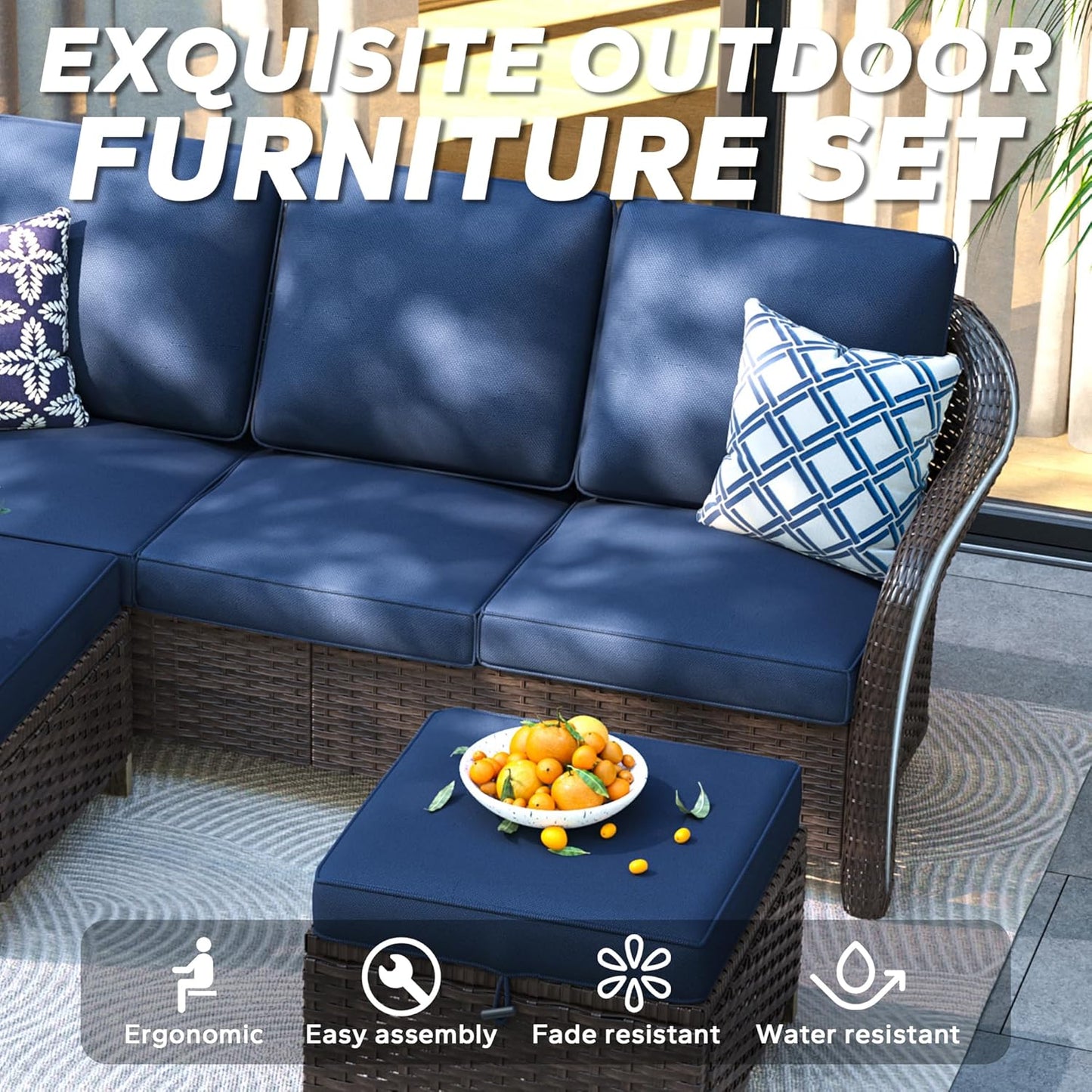 3 Pieces Patio sectional Sofa Set, Outdoor Conversation Furniture Set, 78" 3-Seat Couch with 2 Ottomans, 47" Metal Coffee Table, Rattan Wicker Sofa with Washable Cushions (Navy Blue)